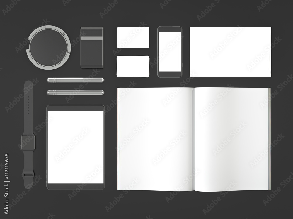 Grey branding mockup. Template set on black background. 3d rendering. 3D illustration Grey branding mockup. Template set on black background. 3d rendering. 3D illustration