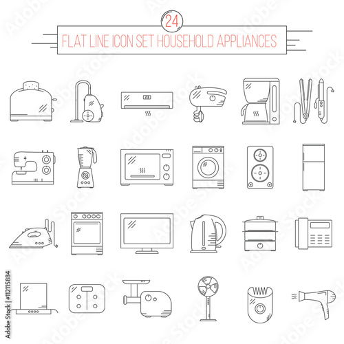 flat line icon set of 24 item household appliances