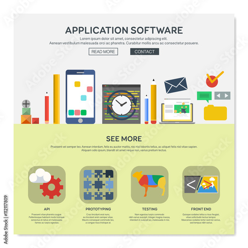 One page web design template with application software services like api or prototyping. Flat design graphic, website elements layout. Vector illustration.
