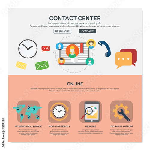 One page web design template with contact center services like help line or international services. Flat design graphic, website elements layout. Vector illustration.

