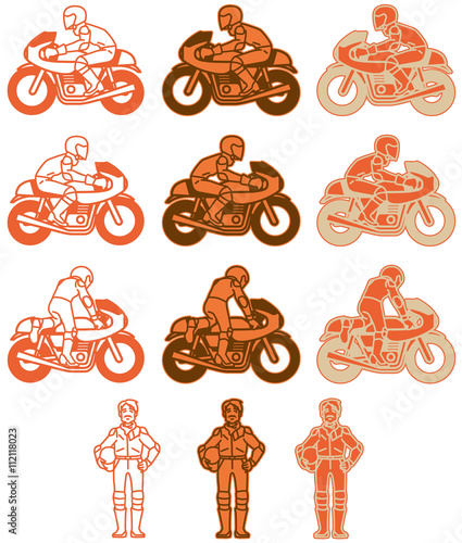 モーターサイクル-カフェレーサータイプ+ライダー（フラットデザイン）オレンジ色バリエーションセット