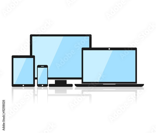 Device Icons: smartphone, tablet, laptop and desktop computer. Black device in flat style isolated on white background