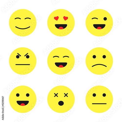 Set of cute smiley emoticons. Cartoon flat style faces smiles isolated on white background