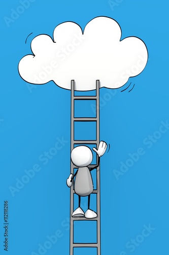 little sketchy man climbing with a ladder on a cloud