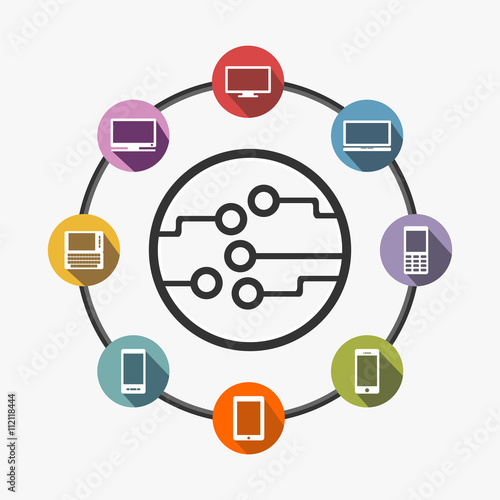 Abstract background with integrated circles and icons for digital, internet, network, connect, communicate, distributed system concept. Technology connection concept. 
