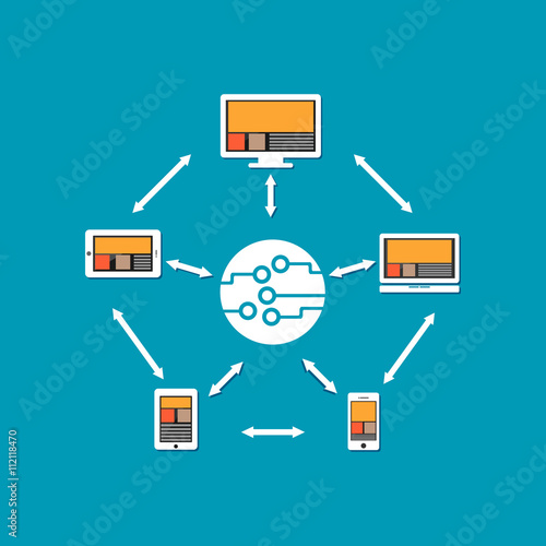 Abstract background with integrated circles and icons for digital, internet, network, connect, communicate, distributed system concept. Technology connection concept. 
