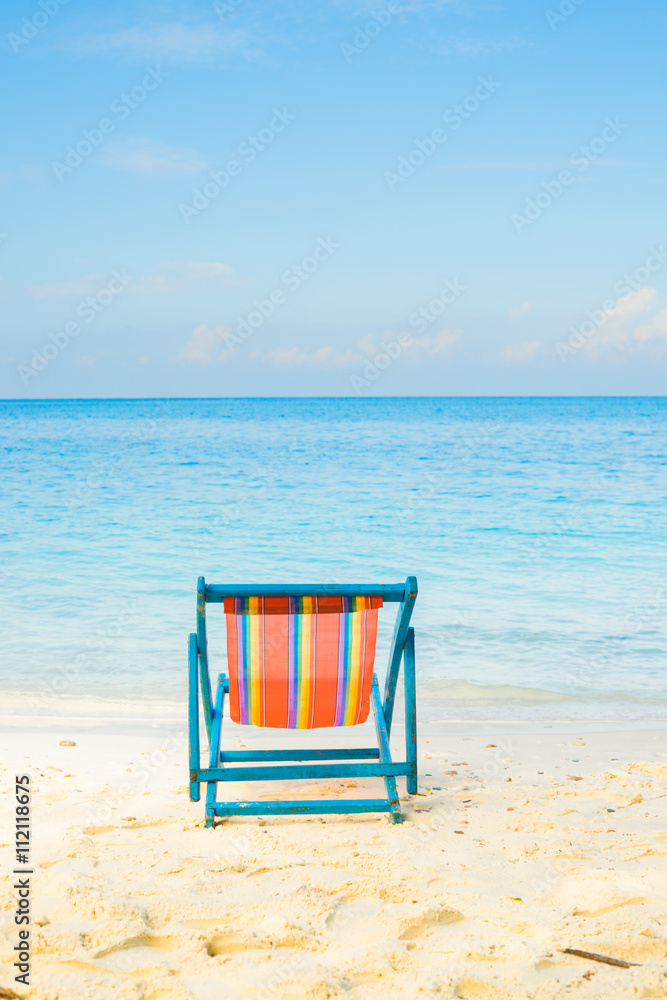 Blue sea and white sand beach with beach chairs summer beach no