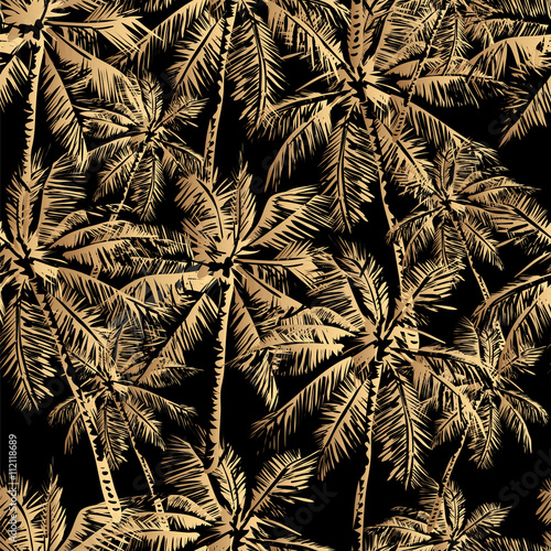 Seamless vector tropical pattern depicting golden palm tree on a black background