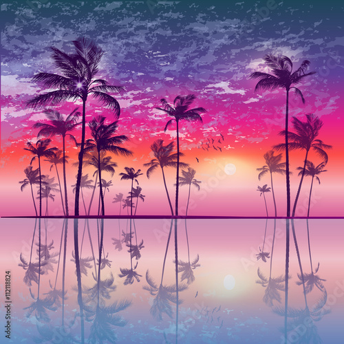 Tropical palm trees at sunset, with cloudy sky. Highly detailed and editable