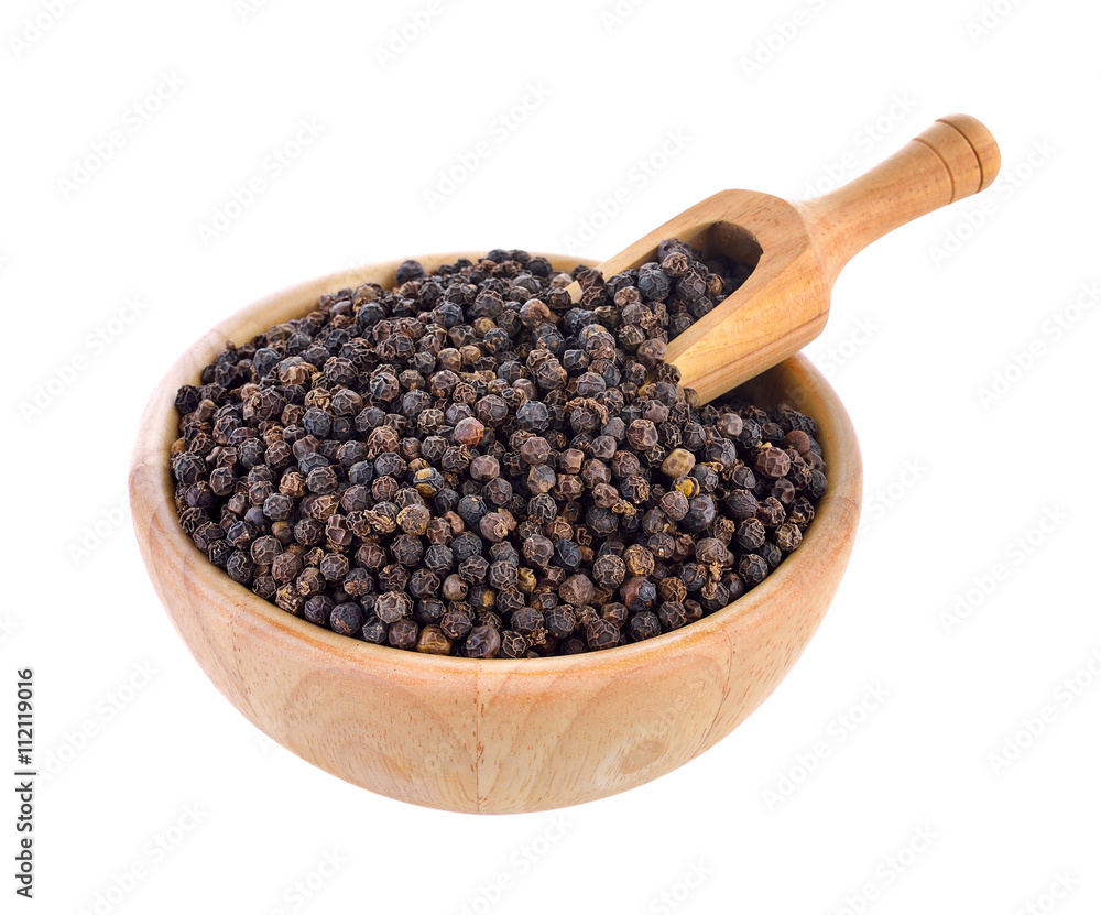 peppercorn in wood bowl isolated on white background peppercorn in wood bowl isolated on white background