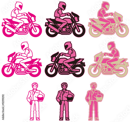 モーターサイクル-ネイキッドタイプ+ライダー（フラットデザイン）ピンク色バリエーションセット