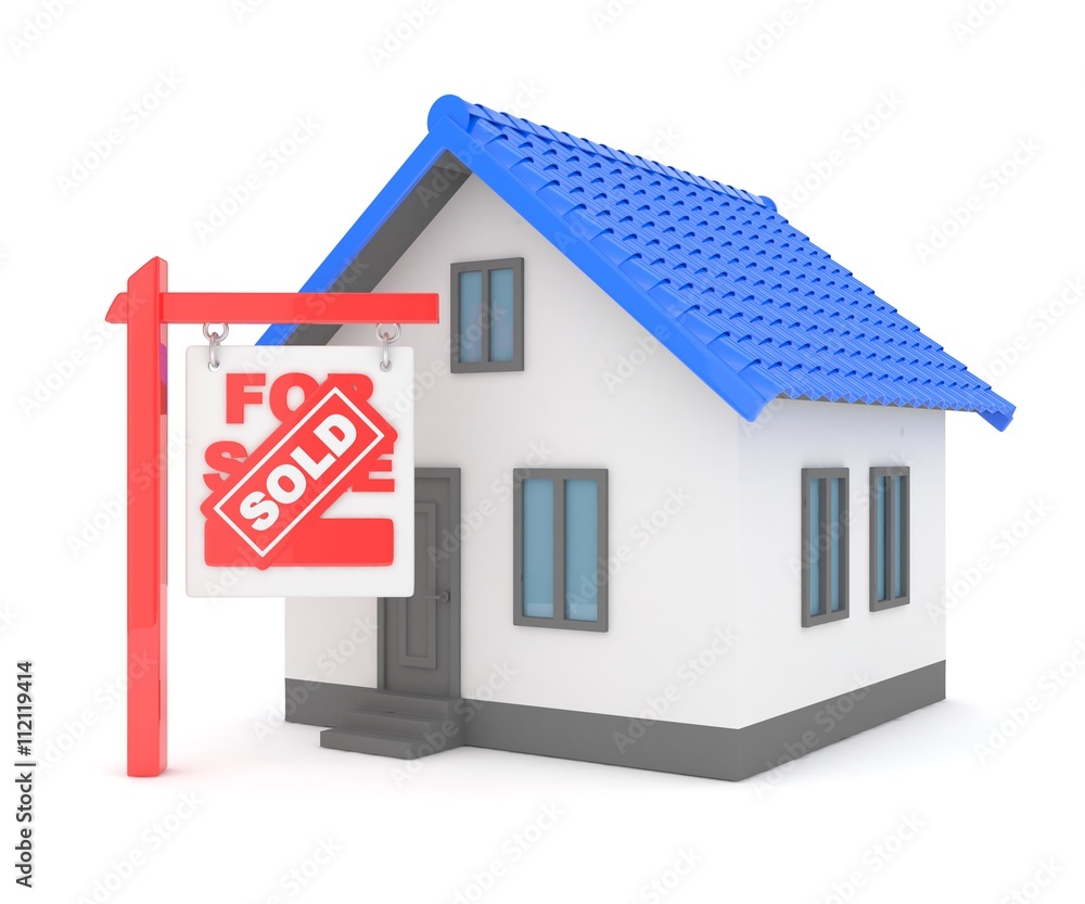 Isolated model of house with sign for sale sold. Concept of real estate, new apartment and moving to a new house. 3D rendering. Isolated model of house with sign for sale sold. Concept of real estate, new apartment and moving to a new house. 3D rendering.