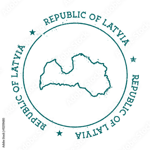 Latvia vector map. Retro vintage insignia with country map. Distressed visa stamp with Latvia text wrapped around a circle and stars. USA state map vector illustration.
