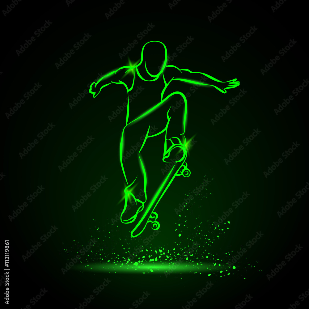 Ollie by skateboarder guy. Vector neon illustration. Ollie by skateboarder guy. Vector neon illustration.
