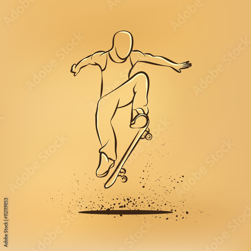 Ollie by skateboarder guy. Vector retro drawing illustration.