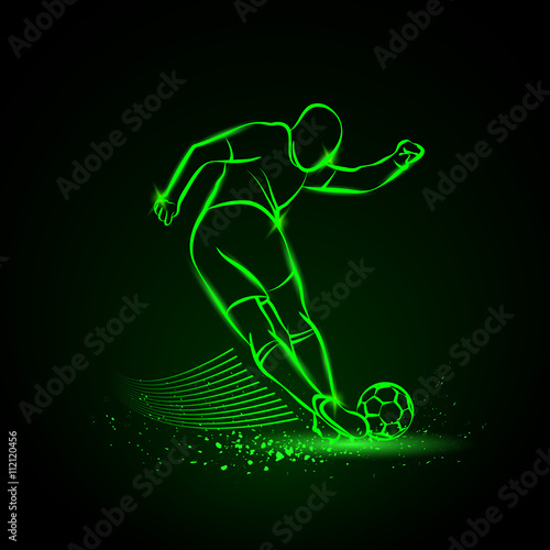 Tricky kick by soccer player. Vector neon illustration.