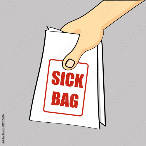 Hand holding out or passing over a sick bag for a case of nausea or air sickness