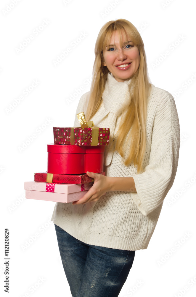 Woman with giftboxes isolated on white Woman with giftboxes isolated on white