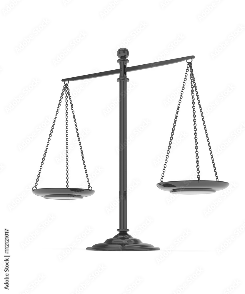 Isolated black scales on white background. Symbol of judgement. Law, measurement, liberty in one concept. 3D rendering. Isolated black scales on white background. Symbol of judgement. Law, measurement, liberty in one concept. 3D rendering.