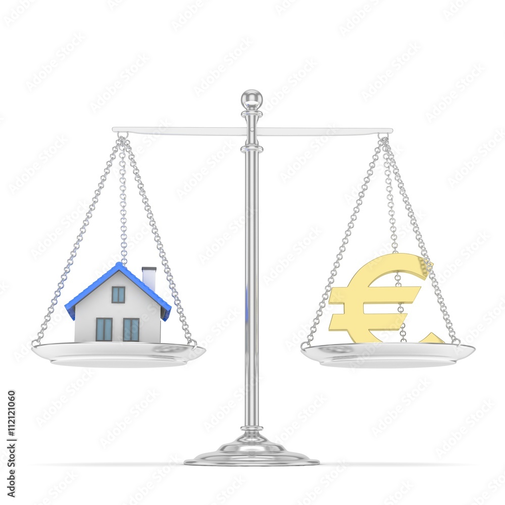 Isolated silver scales with golden euro and house on white background. Investment or savings concept. Real estate and currency. 3D rendering. Isolated silver scales with golden euro and house on white background. Investment or savings concept. Real estate and currency. 3D rendering.