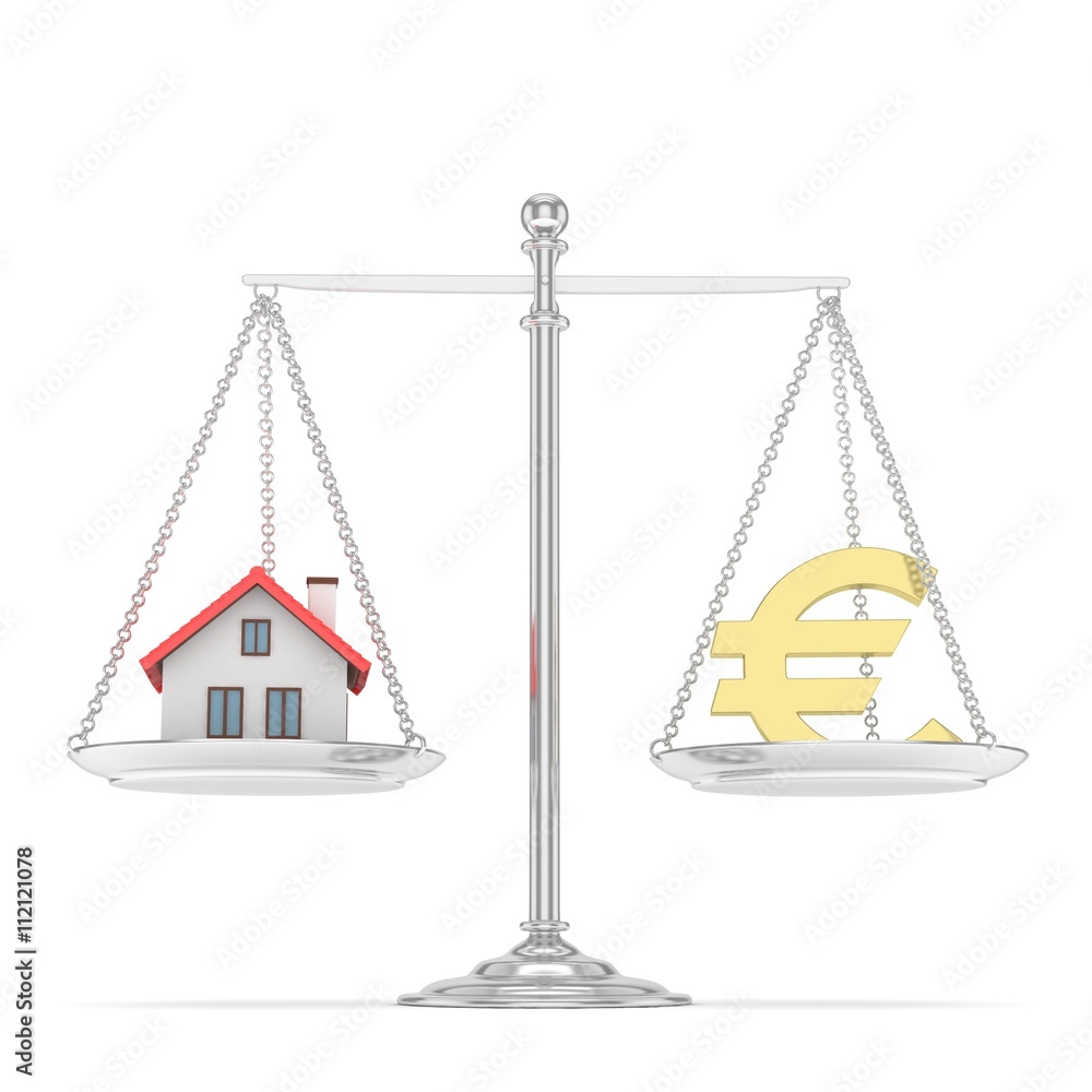 Isolated silver scales with golden euro and house on white background. Investment or savings concept. Real estate and currency. 3D rendering. Isolated silver scales with golden euro and house on white background. Investment or savings concept. Real estate and currency. 3D rendering.
