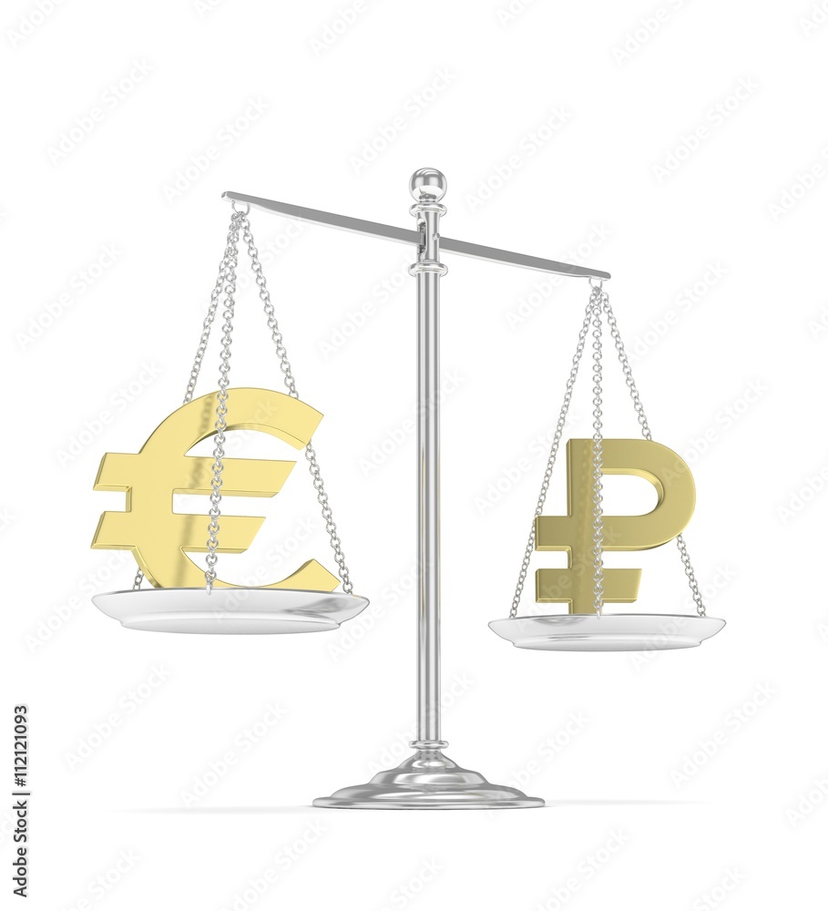 Isolated silver scales with golden euro and ruble currency. Russian and european finance. Measuring of market stability. 3D rendering. Isolated silver scales with golden euro and ruble currency. Russian and european finance. Measuring of market stability. 3D rendering.