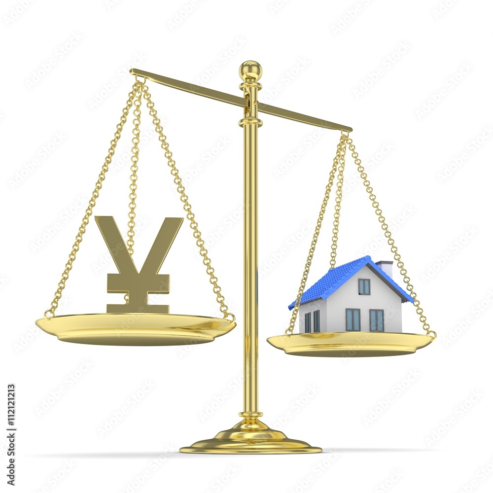 Isolated golden scales with golden yuan and house on white background. Investment or savings concept. Real estate and currency. 3D rendering. Isolated golden scales with golden yuan and house on white background. Investment or savings concept. Real estate and currency. 3D rendering.