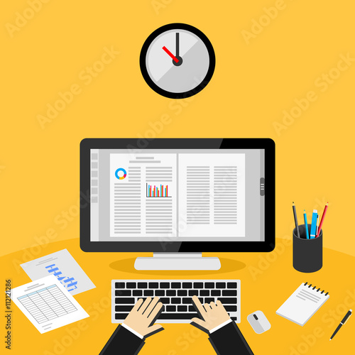 Concept of time and deadline at work. Working in front of a computer.

