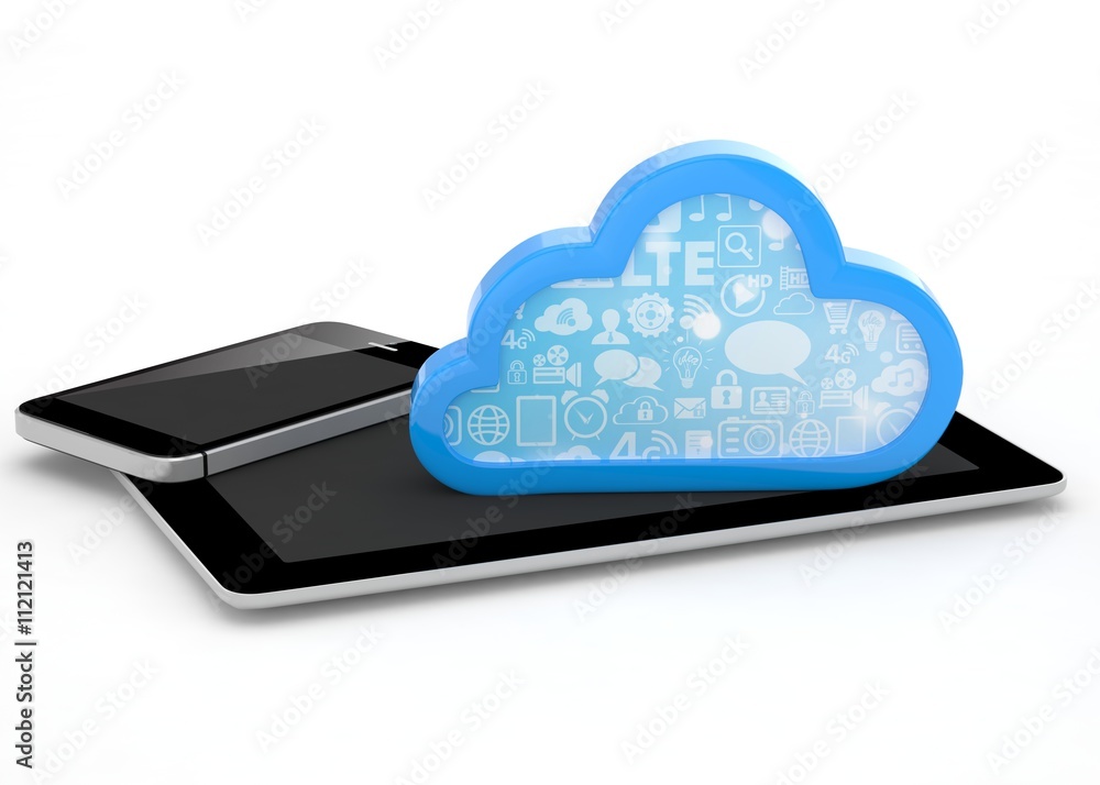 tablet pc, smart phone and cloud. 3d rendering. tablet pc, smart phone and cloud. 3d rendering.