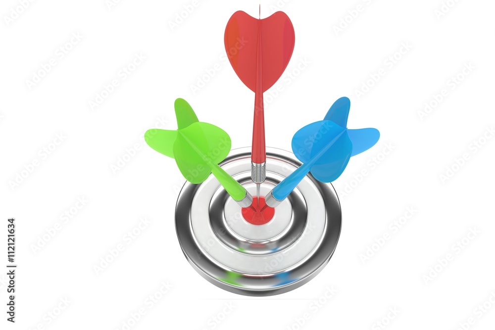 Three arrows darts in center. 3d rendering. Three arrows darts in center. 3d rendering.