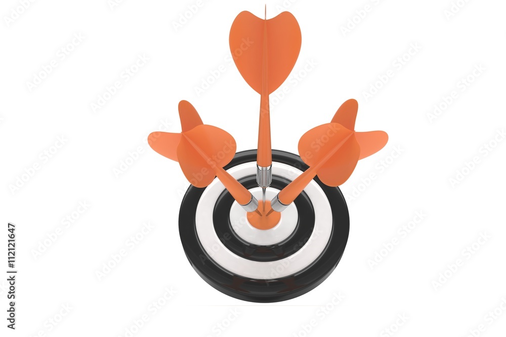 Three arrows darts in center. 3d rendering. Three arrows darts in center. 3d rendering.