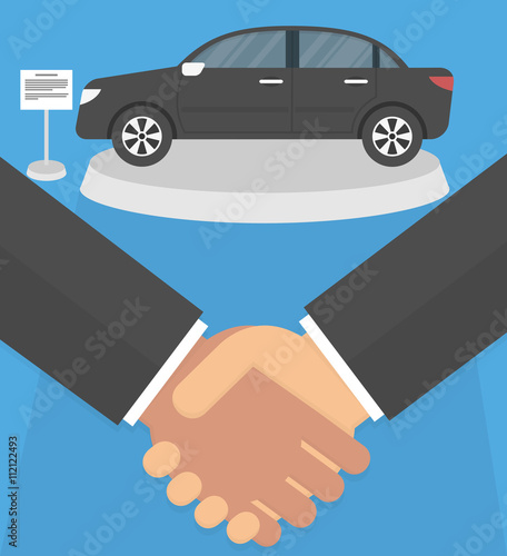 Car dealer making a deal concept. Handshake and a car on a stand in the background. Flat style