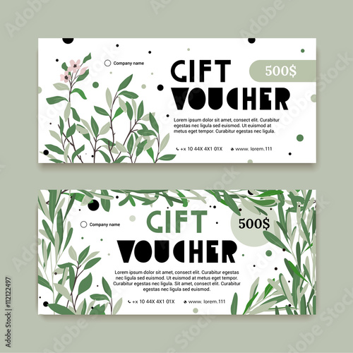 A modern set of a gift voucher for a holiday in an eco-style. The certificate for a gift with plants. The flyer for the store of natural cosmetics or clothing. photo