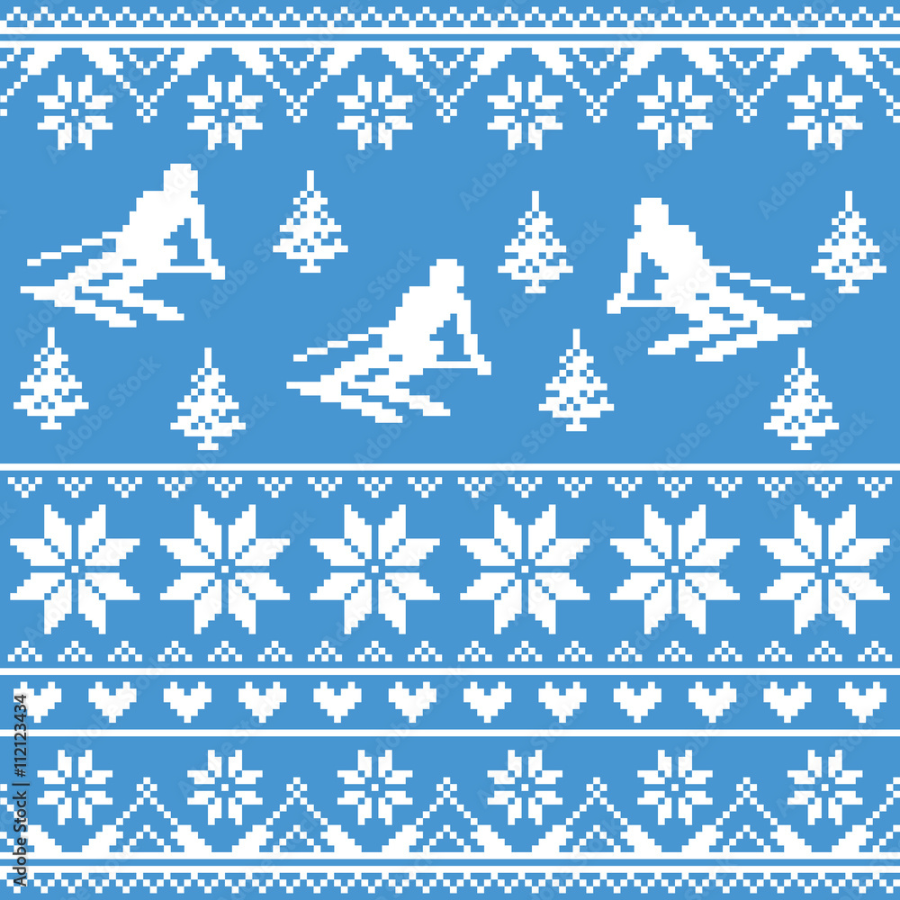 Winter knit pattern - man skiing on blue background 
