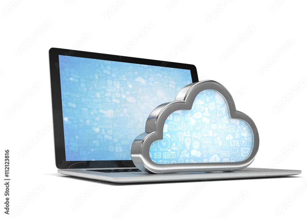 Laptop with cloud computing symbol on keyboard. 3d render Laptop with cloud computing symbol on keyboard. 3d render