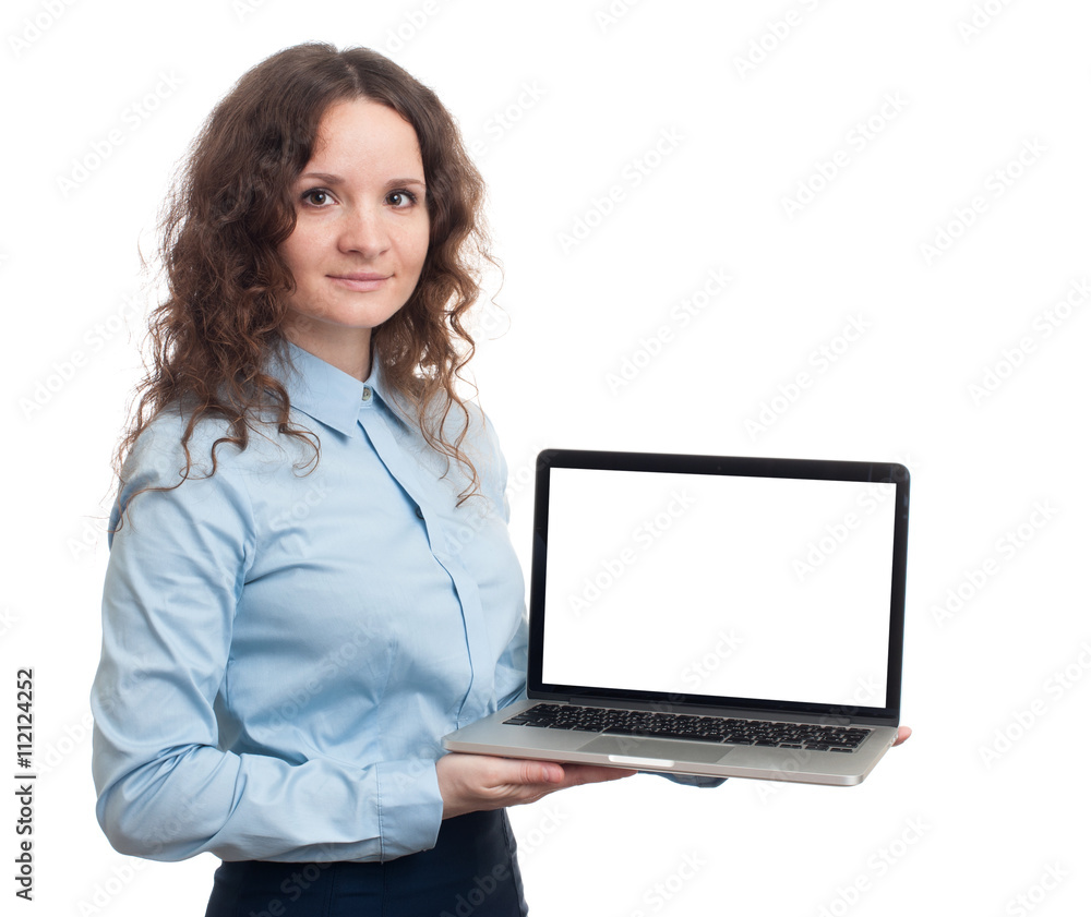 business woman holding laptop with blank screen business woman holding laptop with blank screen