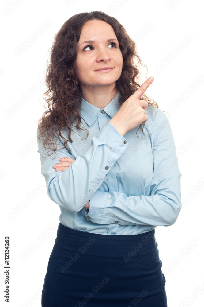 businesswoman pointing at copy space businesswoman pointing at copy space
