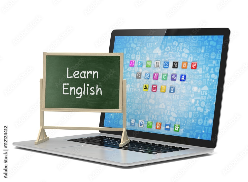Laptop with chalkboard, learn english, online education concept. 3d rendering. Laptop with chalkboard, learn english, online education concept. 3d rendering.