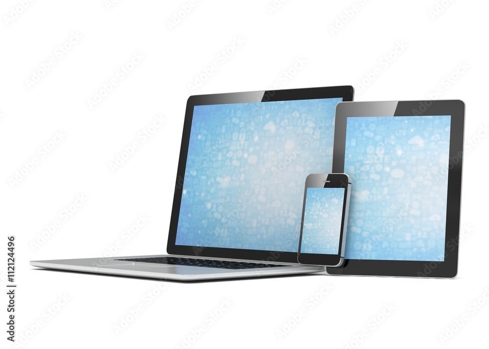 laptop, tablet, phone, on white. 3d rendering. laptop, tablet, phone, on white. 3d rendering.