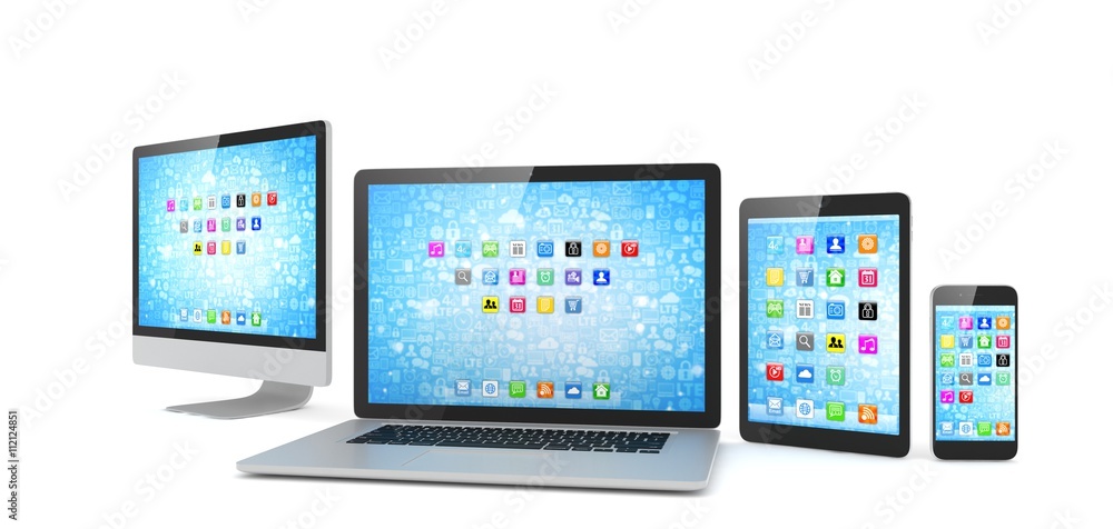 Responsive web design, laptop, smartphone, tablet, computer, display. 3d rendering. Responsive web design, laptop, smartphone, tablet, computer, display. 3d rendering.