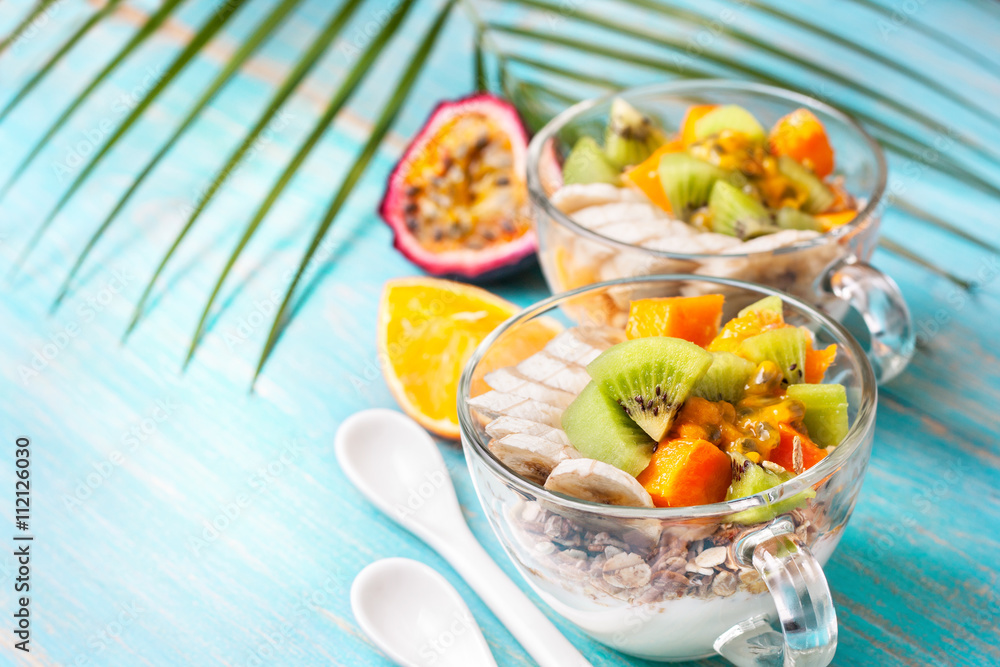 Breakfast with muesli, yoghurt, tropical fruits Breakfast with muesli, yoghurt, tropical fruits
