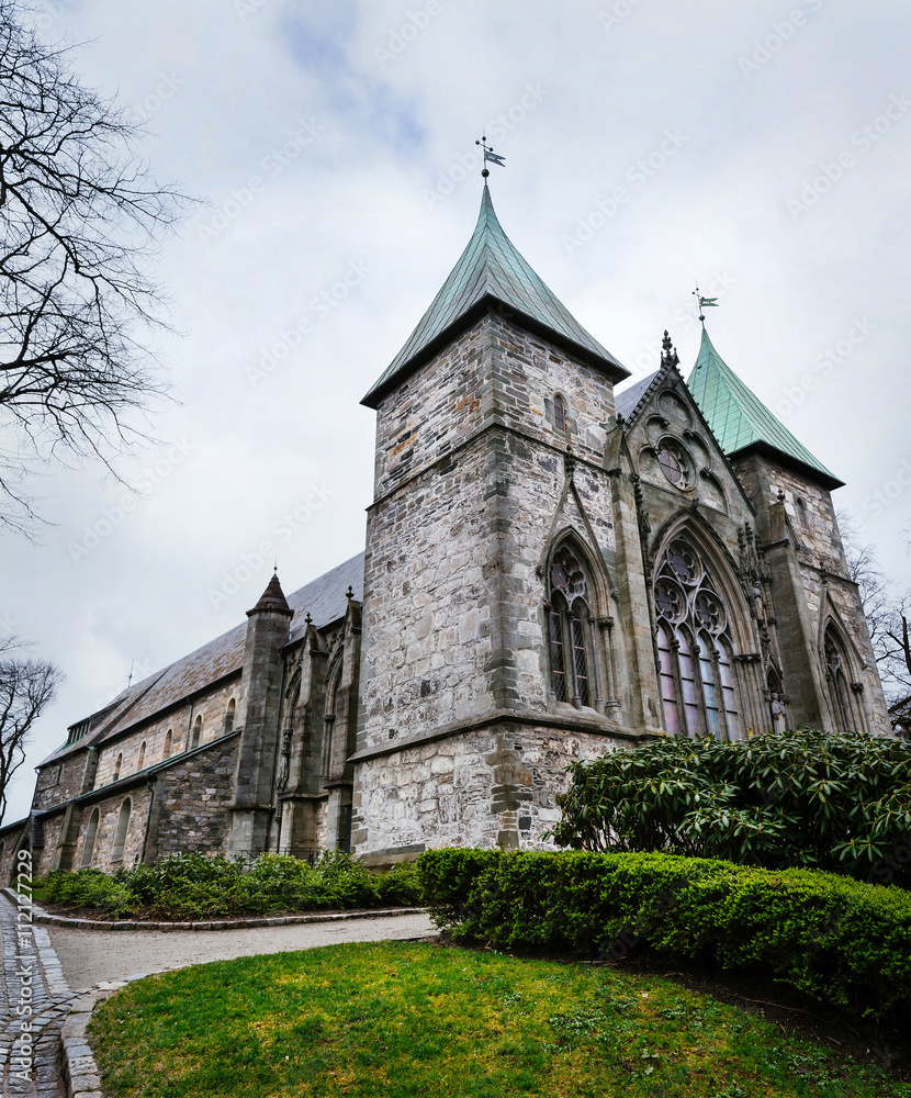 Exterior of the famous Stavanger Domkirke on cloudy spring day