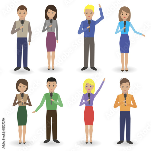 Set of people speaking into the microphone. Isolated on white background
