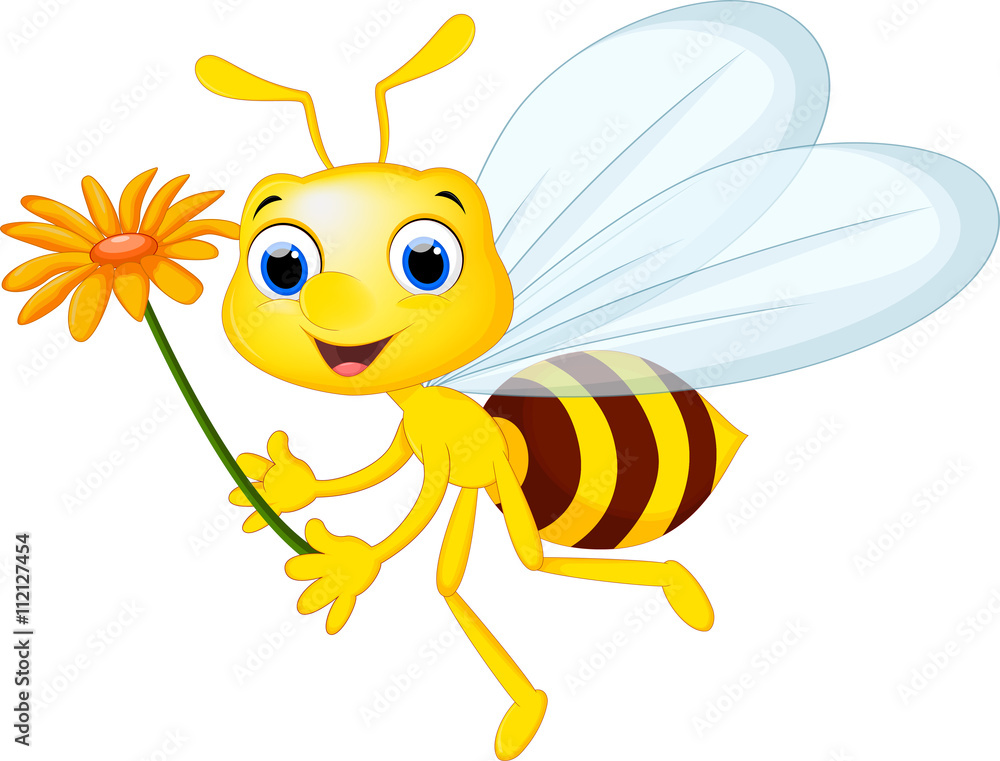 Cute bee cartoon flying while carrying flowers Cute bee cartoon flying while carrying flowers