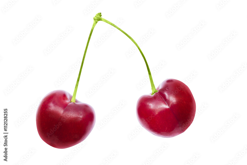 Two cherries on a white background with clipping path. Ripe cherries isolated. Two cherry berry fruits isolated on white background. Sweet cherry. Red cherry. Cherries on white. Cherry isolated. Two cherries on a white background with clipping path. Ripe cherries isolated. Two cherry berry fruits isolated on white background. Sweet cherry. Red cherry. Cherries on white. Cherry isolated.