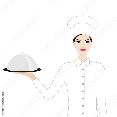 Illustration of cook female with dish in hand