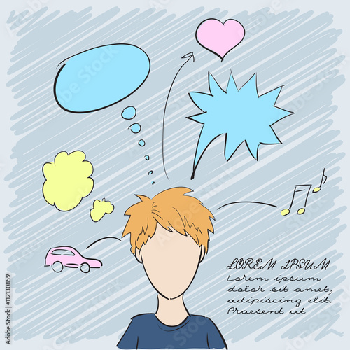 Silhouette of a beautiful boy with thoughts about everything. Vector