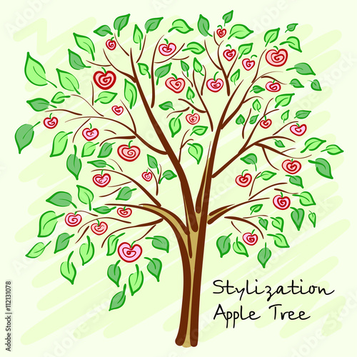 Stylized apple tree with lonely mysterious fruits. Vector