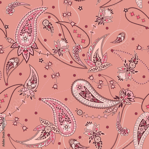 vector seamless gentle romantic floral paisley pattern, fantasy oriental background allover print with flowers, chains, leaves, dots