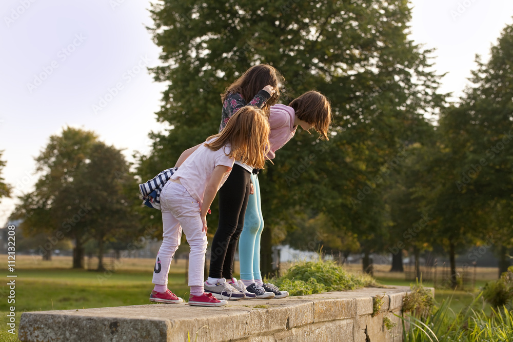 Obraz premium Three Tomboys. Three sisters are peering over a wall in a local park interested to see what is on the other side. The two older girls stand quite confidently while the younger is more hesitant.